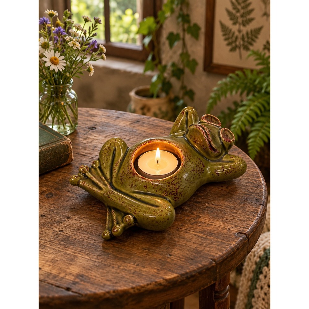 PartyLite Relaxing Frog Ceramic Tea Light Candle Holder Green Speckled Lounging